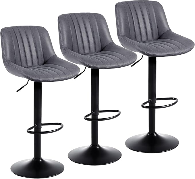 Bar Stools Set of 3, Swivel Counter Height Barstools with Back, Adjustable PU Leather Bar Chairs, Modern Armless Kitchen Island Stool, Dark Grey