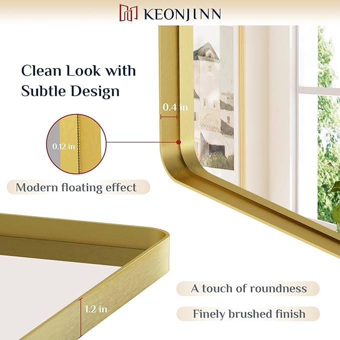 Keonjinn Gold Bathroom Mirrors for Over Sink 48” x 24” Large Brushed Brass Metal Framed Wall Mirror, Rounded Rectangle Bathroom Vanity Mirror, HD Tempered Glass Full Body Mirror(Horizontal/Vertical)