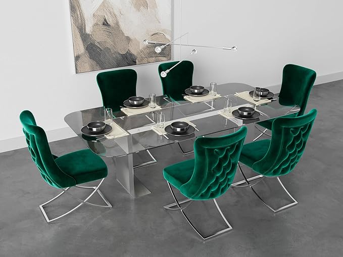 Ottomanson Royal Dining Chairs Set of 2 – Upholstered Tufted Microfiber, Assembled, Silver Metal Legs, Beech Wood Frame, 350 lb Capacity, Green