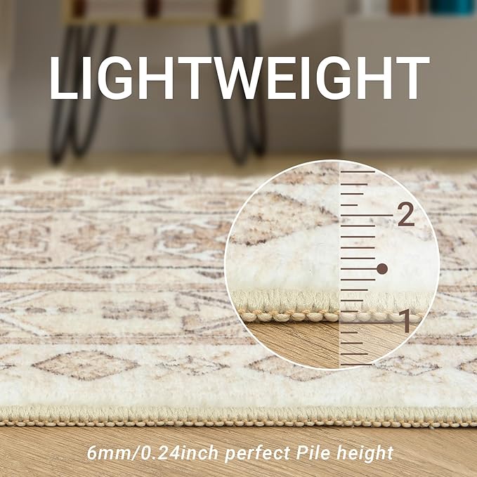 zesthome 8ft Round Rugs for Living Room, Non-Slip Washable Round Area Rugs, Ultra-Thin Large Circle Rugs, Soft Low Pile Rug for Bedroom, Kitchen - Vintage Stain Resistant Round Rug (Cream/Beige,8'x8')