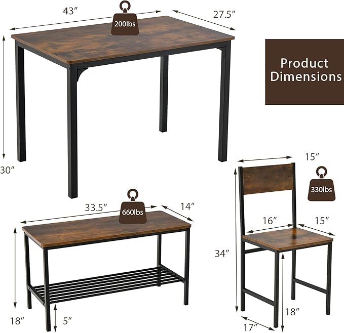 Giantex Dining Table Set for 4, Kitchen Table with Bench and Chairs, Industrial Gathering Bench Dining Set W/Metal Frame & Storage Rack, Dinette Set, Modern Functional Desk Set (Coffee)