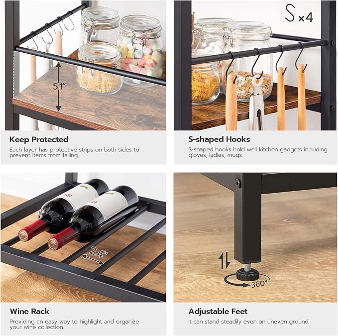 HOOBRO Kitchen Island with Storage, Kitchen Island Table with Power Outlet, 35.4" L 3 Tier Coffee Station and Microwave Stand, for Home, Dining Room, Rustic Brown and Black BF021ZD01