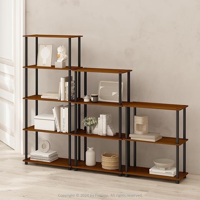 Furinno (99557LC/BK) Turn-N-Tube 4-Tier Multipurpose Shelf Display Rack - Light Cherry/Black