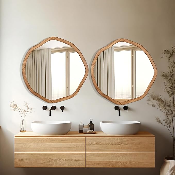 ULIKE Round Wood Mirror, 30 Inch Asymmetrical Circle Vanity Mirror with Wood Frame, Rustic Decorative Wall Mount for Bathroom Bedroom Living Room Entryway