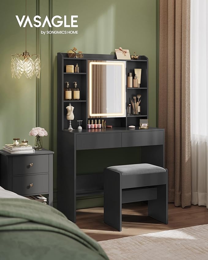 VASAGLE Vanity Desk with Mirror and Lights, Makeup Vanity with Upholstered Vanity Stool, Dimmable LED Lights, Adjustable Shelves, 7 Compartments, 2 Drawers, for Bedroom, Ink Black URDT131B01