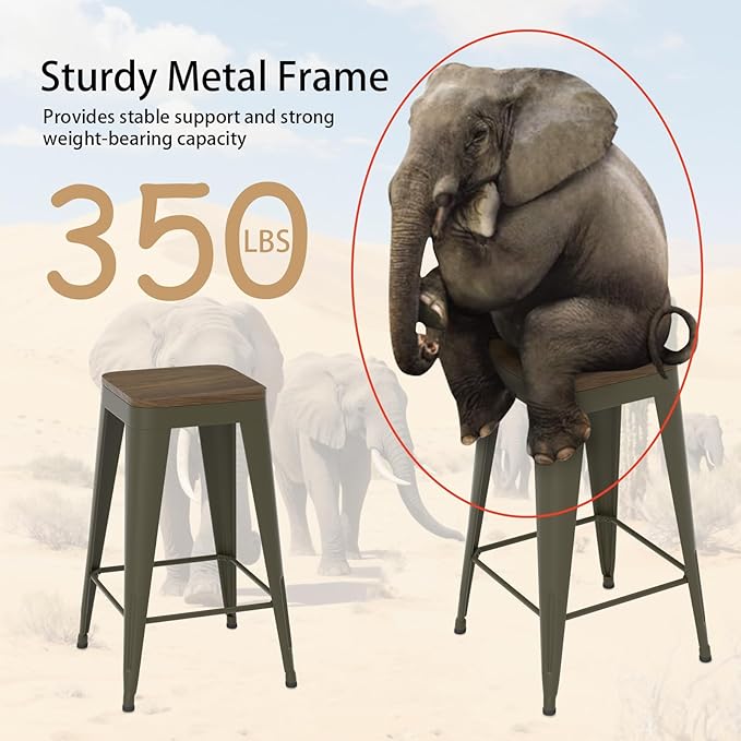 30 inch Backless Bar Stools Set of 4, Indoor Metal Bar Stools with Wood Seat, Industrial Counter Height Barstools for Kitchen Island, Rusty