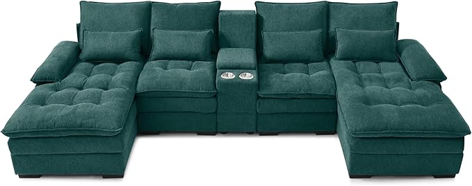 KEIKI 130" U-Shaped 6 seat Sofa with Storage Console, Cup Holders, Upholstered Sectional Sofa, Button Tufted Cloud Cushion Couch for Home, Office, Apartment, Green