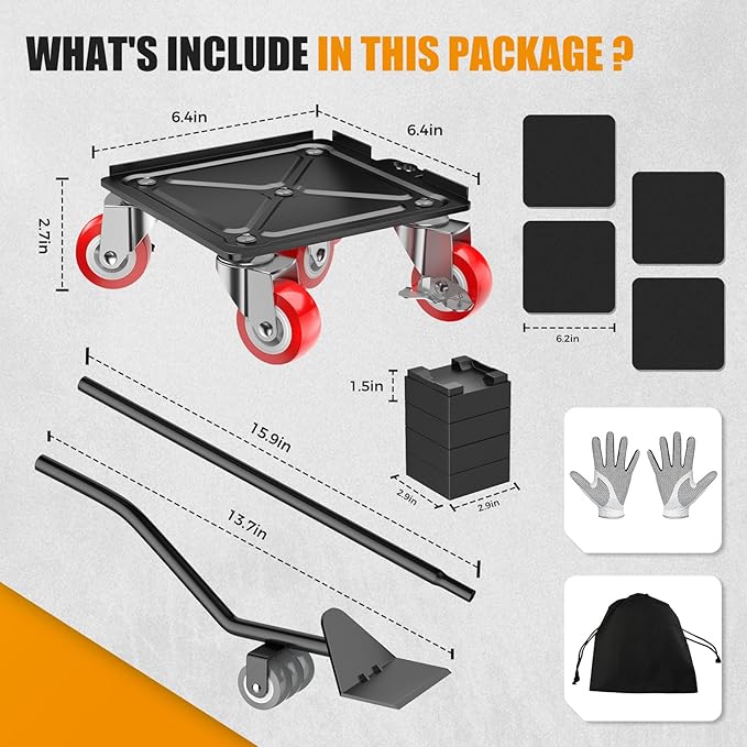 2000LBS Heavy Duty Furniture Dolly & Mover - 6.4" Carbon Steel Panel with 5X 360° Wheels, Non-Slip Sliders & Lifter for Sofa, Piano, Appliances (Red)