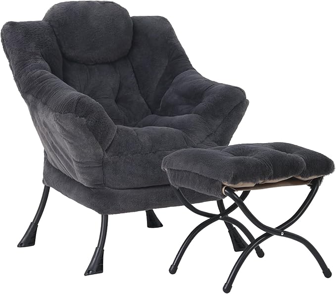 Lazy Chair with Ottoman, Modern Accent Chair Lounge Leisure Sofa Chair with Armrests, Reading Chair and Folding Footstool for Living Room, Bedroom, Office, Plush Navy