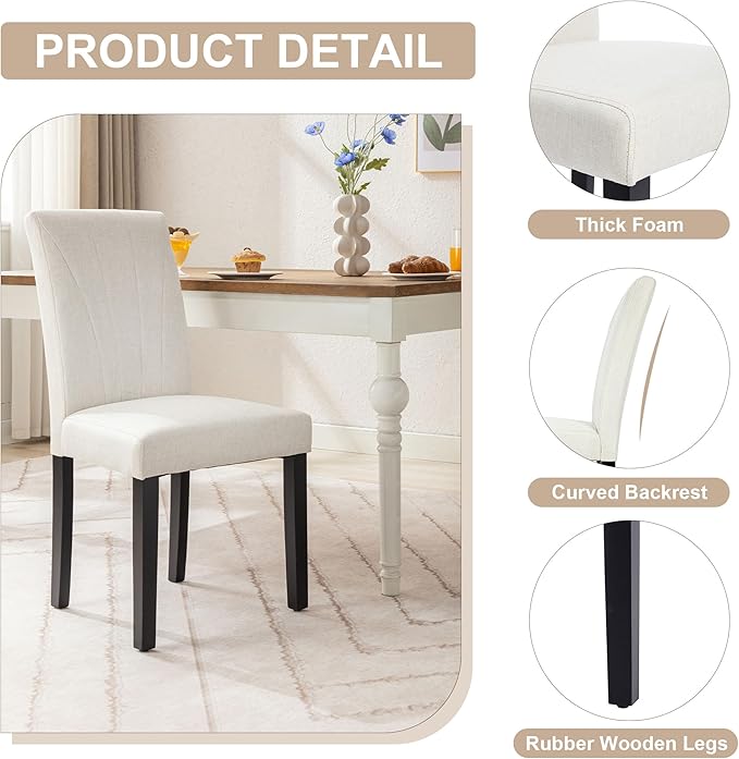 VECELO Upholstered Dining Chairs Set of 2, Modern Fabric and High Back & Solid Wood Legs, Parsons for Kitchen/Living Room- Beige