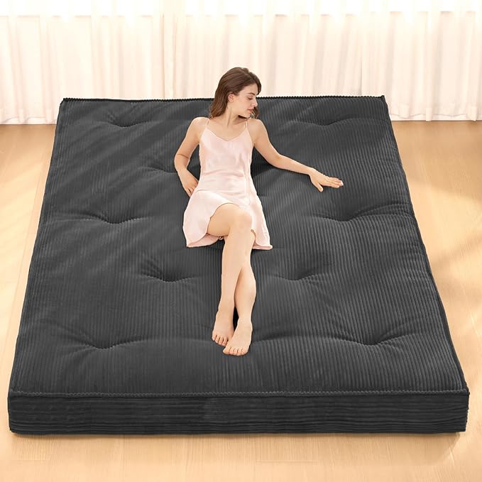 Japanese Floor Mattress, 4" Thicken Futon Mattress Full Size Sleeping Pad, Corduroy Foldable Mattress Pad Roll Up Tatami Mat Floor Mattress for Adults（Grey）