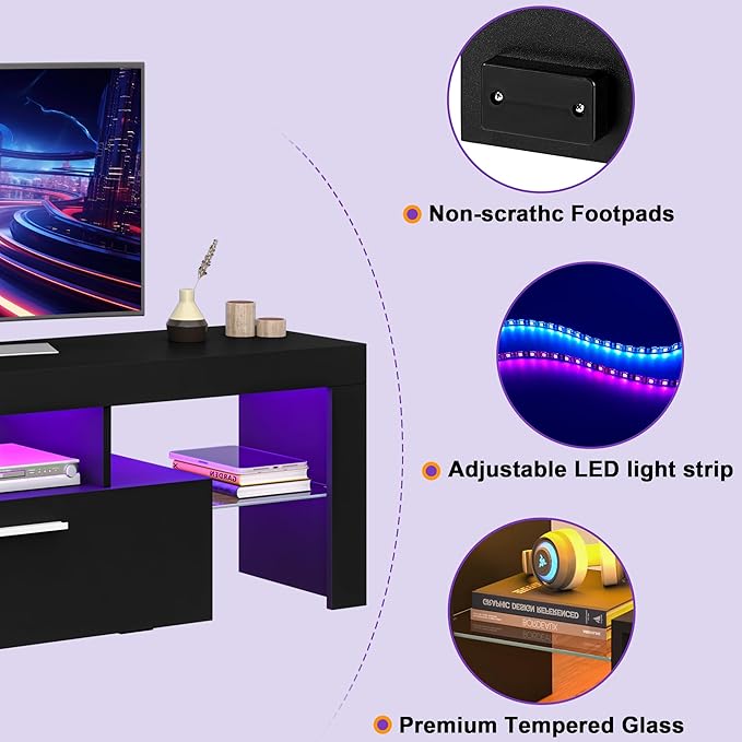 Clikuutory Modern Lighting 51 inch TV Stand with Large Storage Drawer for 32 40 50 55 Inch TVs, TV Console with 20 Color LED Lights, Entertainment Center Media and Open Shelf for Bedroom, Black
