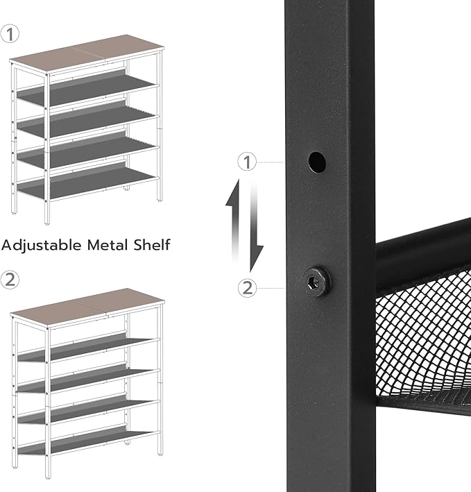 HOOBRO Shoe Rack for Entryway, 5-Tier Shoe Organizer with Adjustable Mesh Shelves, 16-20 Pairs of Shoes, Spacious Floor Mount, Metal, Industrial, Shoe Shelf for Closet, Rustic Brown BF12XJ01