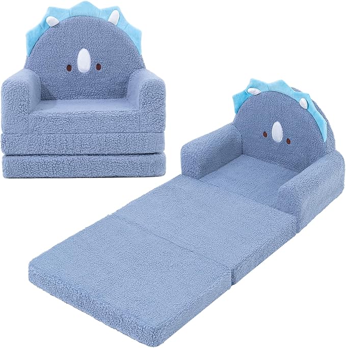 MOONBEEKI 2-in-1 Foldable Toddler Couch, Soft Sherpa Fabric with Washable Cover, Convertible Sofa to Lounger, Kids Sofa for Playroom, Bedroom, Living Room, Birthday Gift, Ages 1-3, Blue Triceratops