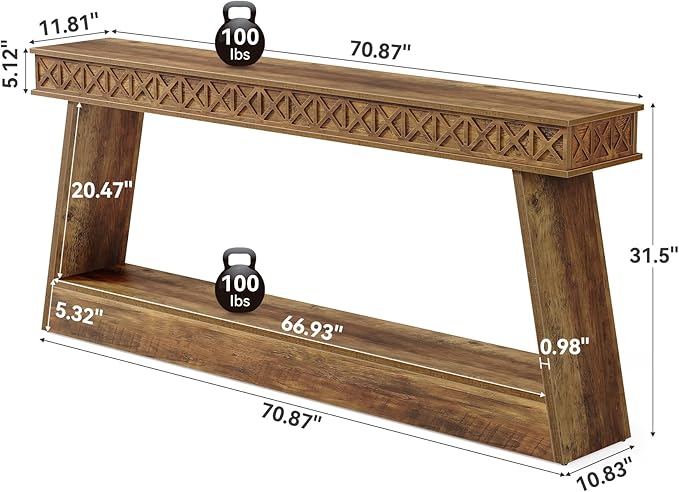 LITTLE TREE 70.87" Long Farmhouse Console Table, 2-Tier Shelf Narrow Accent Entryway Sofa Table for Living Room, Behind Couch, Hallway - Light Brown