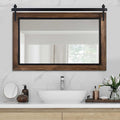 YOSHOOT Farmhouse Barn Door Mirror, 40"x26" Rustic Bathroom Mirror, Wood Frame Wall Mirror, Wooden Mirror for Living Room Bedroom Entryway Wall Décor, Horizontal Hanging ONLY