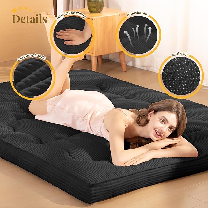 Japanese Floor Mattress, 4" Thicken Futon Mattress Twin Size Sleeping Pad, Corduroy Foldable Floor Pad, Roll Up Tatami Mat for Adults Guest Room Bedroom, Black