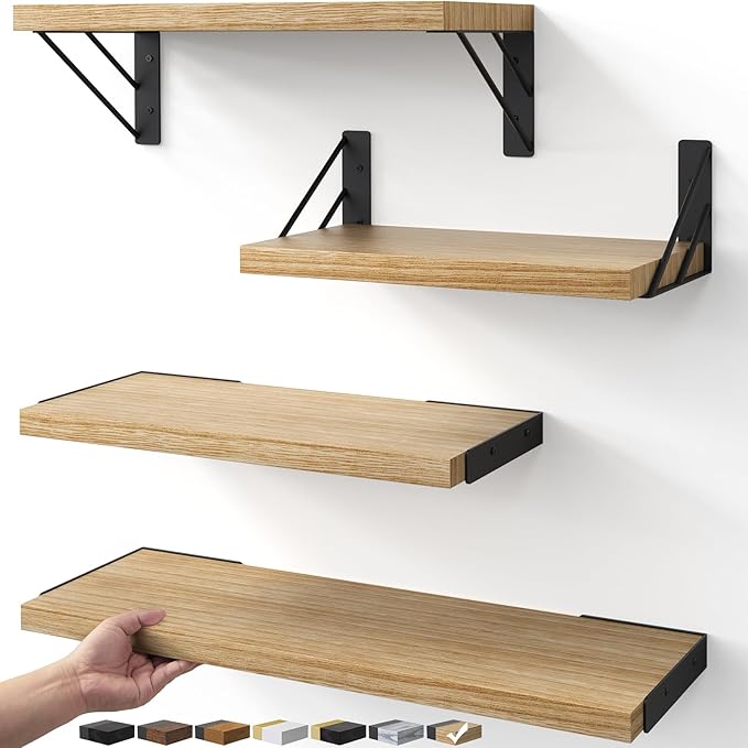 BAYKA Wall Shelves for Bedroom Decor, Floating Wall Shelves for Living Room Kitchen Storage, Wall Mounted Rustic Shelves for Kids Books, Corner Shelf for Bathroom(Carbonized Brown,Set of 4)