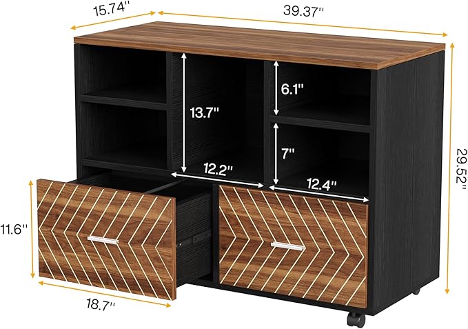 Tribesigns 2-Drawer Wood File Cabinet, Mobile Lateral Filing Cabinet for Hanging Letter Size Files, Printer Stand with Open Storage Shelves for Home Office (Walnut & Black)