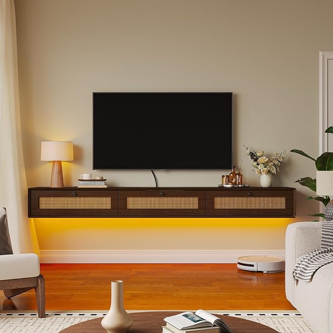 Fully-Assembled Floating TV Stand with 3 Rattan Doors, Rustic Floating Entertainment Center Under TV Shelf, Modern Large Storage Wall Mounted Media Console for Living Room Bedroom 55IN