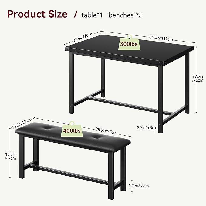 Dining Table Set for 4, Kitchen Table with 2 Upholstered Benches, 3-Piece Dining Room Set for Kitchen, Apartment and Small Spaces, Black