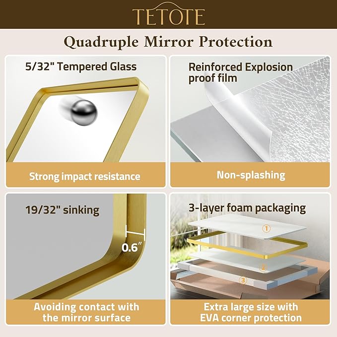TETOTE 48 x 36 Inch Gold Mirrors Brushed Gold Metal Framed Bathroom Mirror, Tempered Glass, Modern Farmhouse Wall Mounted Mirror for Decorative(Horizontal/Vertical)