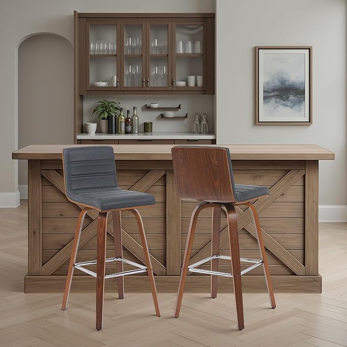Vienna Modern Swivel Bar Height Stool with Vintage Black Upholstered Seat and Walnut Finished Wood Frame Set of 2