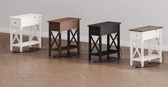 ChooChoo End Table with Charging Station, Narrow Side Table with USB Ports and Outlets, Nightstand with Drawer, for Small Spaces, Bedside Tables for Living Room White