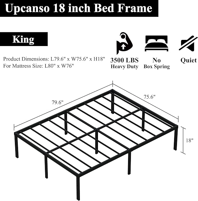 18 Inch King Bed Frame Heavy Duty Metal Platform King Size Bed Frames with High Storage, Eassy Assembly 3,500 Lbs Heavy Duty Bedframes, Black