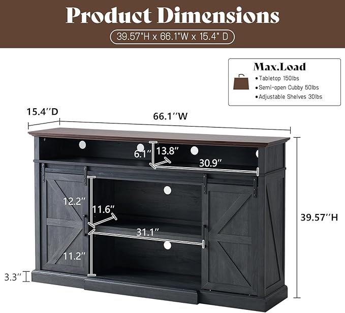 66" Farmhouse TV Stand with Sliding Barn Doors, 40" Tall Entertainment Center for 75 Inch TVs, Rustic Media Console Table Storage Cabinet w/Soundbar & Adjustable Shelves, Living Room, Dark Gray