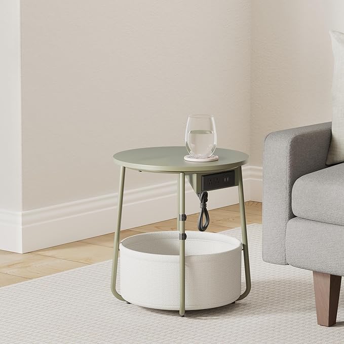 VASAGLE Side Table with Charging Station, Round End Table with Fabric Basket, Nightstand with Power Outlets, USB Ports, for Living Room, Bedroom, Modern, Forest Green and Cream White ULET228C04
