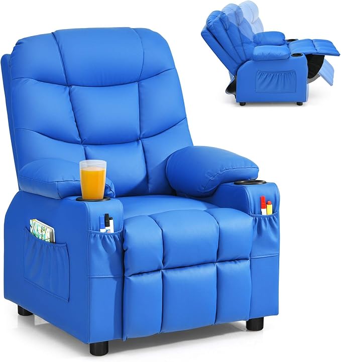 Costzon Kids Recliner Chair with Cup Holder, Adjustable Leather Lounge Chair w/Footrest & Side Pockets for Children Boys Girls Room, Ergonomic Toddler Furniture Sofa, Kids Recliner (Blue)
