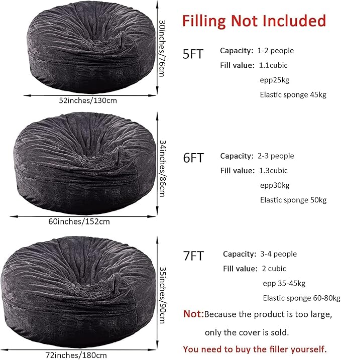 Giant Fur Bean Bag Chair Cover for Kids Adults, (No Filler) Living Room Furniture Big Round Soft Fluffy Faux Fur Beanbag Lazy Sofa Bed Cover (Snow Black, 5FT)