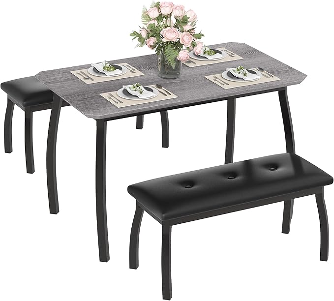 3 Piece Farmhouse Dining Table Set for 4, Compact Rustic Kitchen Table with 2 Padded Benches, Space Saving Breakfast Nook Furniture Set for Small Spaces, Apartments, Grey