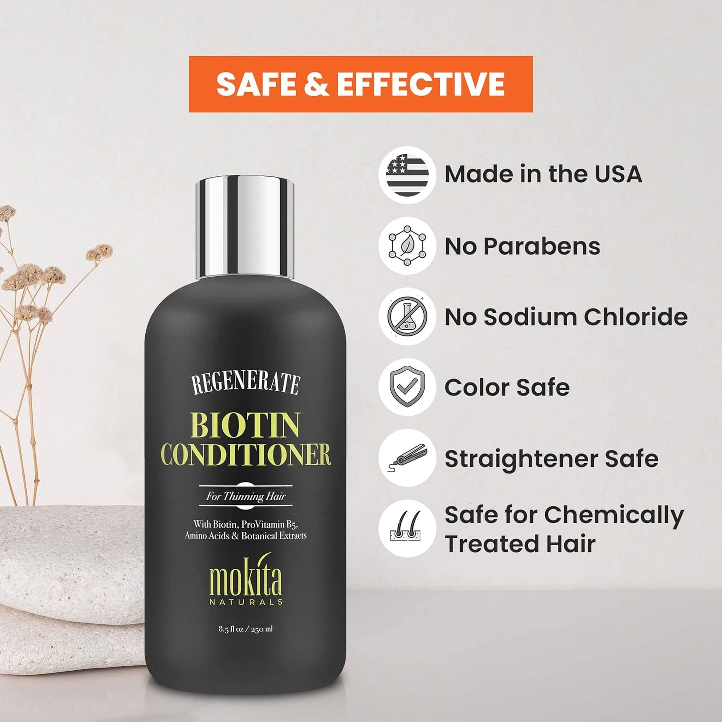 Conditioner with Biotin, ProVitamin B5 and Amino Acids for Repair Treatment and Deep Moisturizing for All Hair Types - Detangle, Protect and Support New Hair Growth - 8.5 Ounces