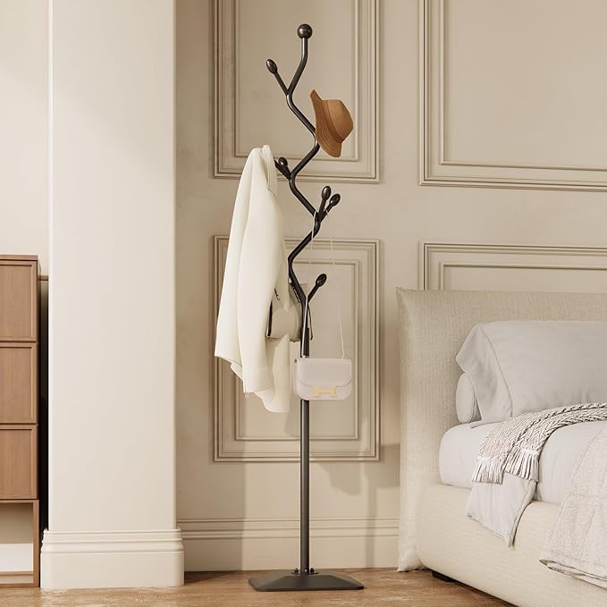Tree-shaped coat rack stand,Metal coat tree with 8 Hooks and sturdy cast iron base,Heavy Duty coat rack freestanding coat hanger stand for Clothes Hats Scarfs Purses (black)
