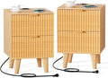 Urban Deco Nightstand Set of 2, Mid Century Modern Nightstand with Charging Station, Wooden End Table with 2 Fluted Drawers & Storage, Bedside Table with Solid Wood Legs for Bedroom (Natural)