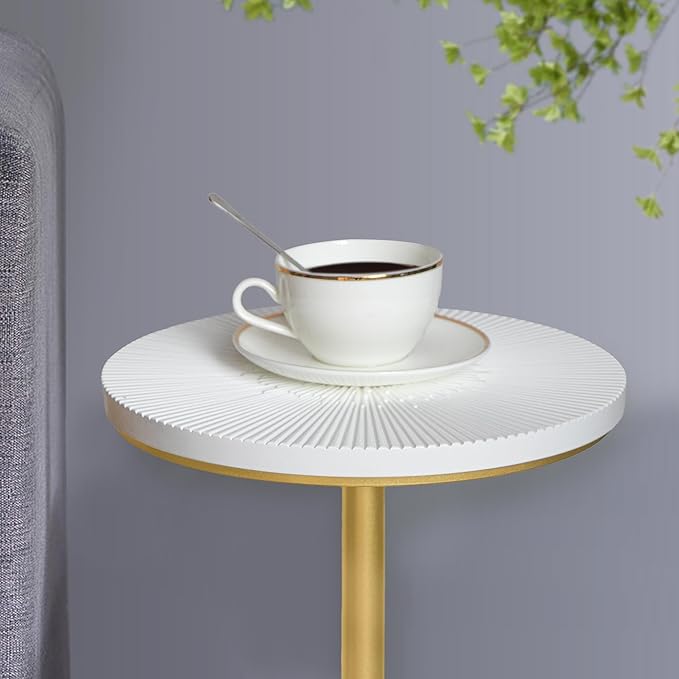 Drink Table, Carved Table Top Small Pdestal Martini SideTable for Living Room, Bedroom, Modern, Weighted Base, White and Gold
