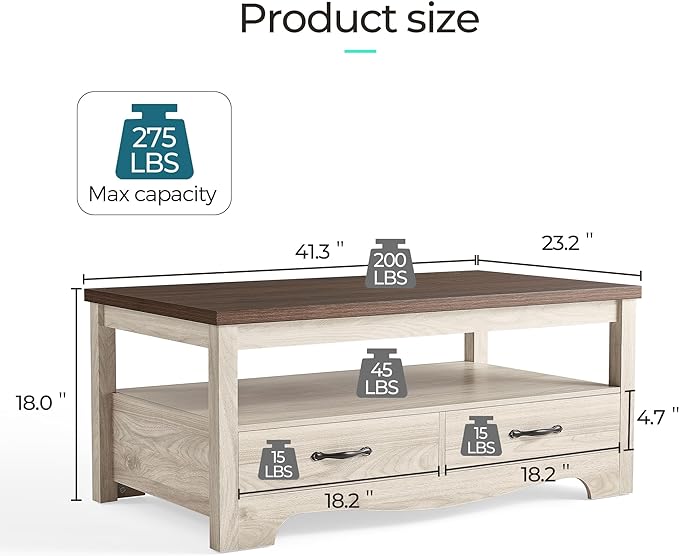 LINSY HOME Farmhouse Coffee Table with Storage, Wood Coffee Table for Living Room, Open Display Area and Storage Drawers with Metal Handles, Chic Style with Curved Base. Oak and Brown