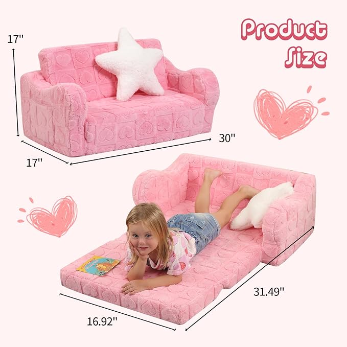 Extra Wider Seating Toddler Couch, 2-in-1 Toddler Soft Couch Fold Out with Star Pillow, Convertible Sofa to Lounger for Girls and Boys, Pink Heart