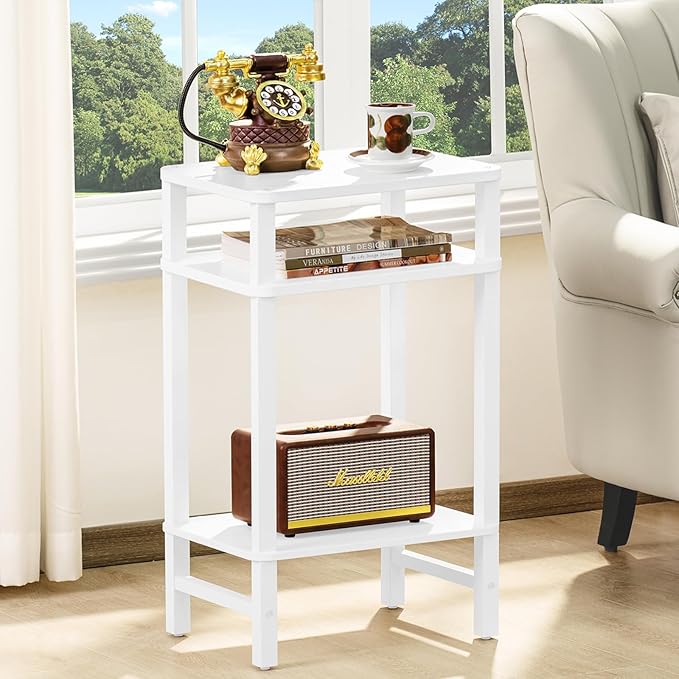 28in Tall Side Table Set of 2, 3-Tier Small Narrow End Table for Couch, Skinny Nightstand for Small Space, Farmhouse Slim Night Stand with Storage, Wooden Frame Thin Bedside Table, White