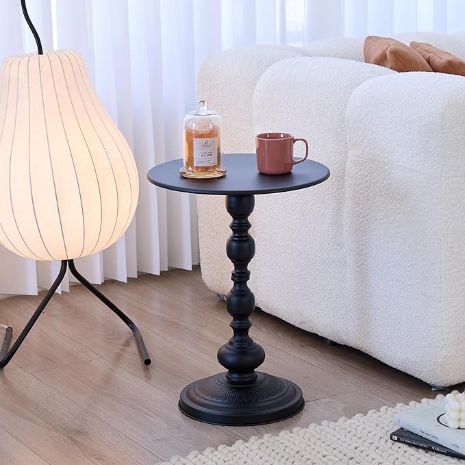 Chic Vintage Round Side Table with Elegant Roman Columns - Sturdy Metal Construction, Perfect for Coffee, End, Tea, or Leisure Use in Living Room or Bedroom Decor (Black Small 1 Pack)