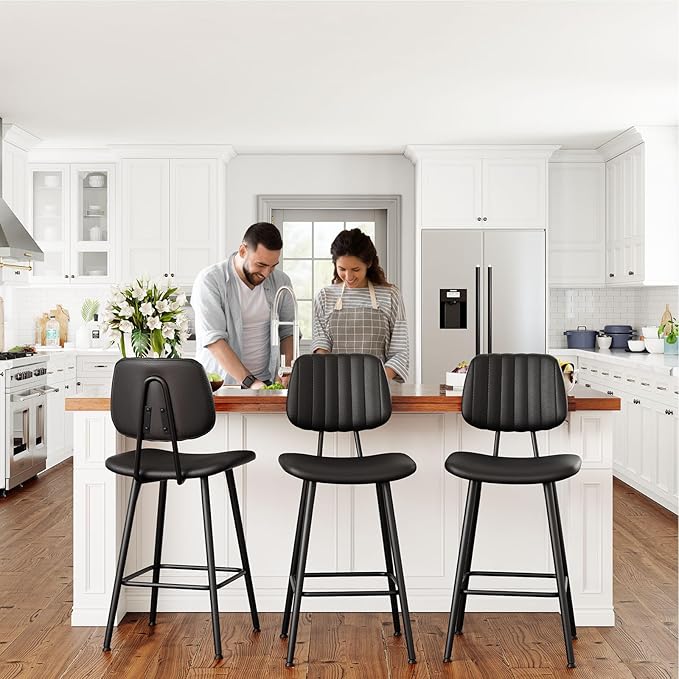 24-Inch Leather Bar Stools Set of 3, Counter Height Barstools with High Backrest，Bar Chairs for Kitchen Island with Heavy Duty Metal Legs, Black