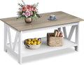WLIVE Coffee Table with Storage Shelf, 39.4" Farmhouse Coffee Table with V-Frame Support, 2-Tier Wood Rustic Center Table for Living Room, Bedroom & Balcony, Greige & White