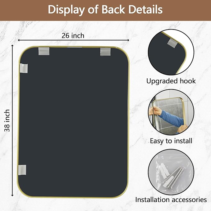 26x38 Inch Gold Mirror, Framed Rectangle Mirror with Rounded Corner, Brushed Brass Mirror, Gold Bathroom Mirror for Over Sink, Vanity, Living Room, Bedroom, Horizontal/Vertical