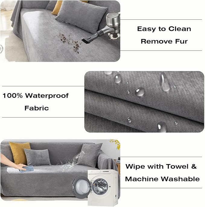 STACYPIK Waterproof Couch Cover for Sectional, Anti-Scratch Gray Sofa Cover for 3 Cushion Couch, L Shaped Sofa Cover Pet-Friendly, Loveseat Sofa Slipcover, Washable Furniture Protector Decor-71X150IN