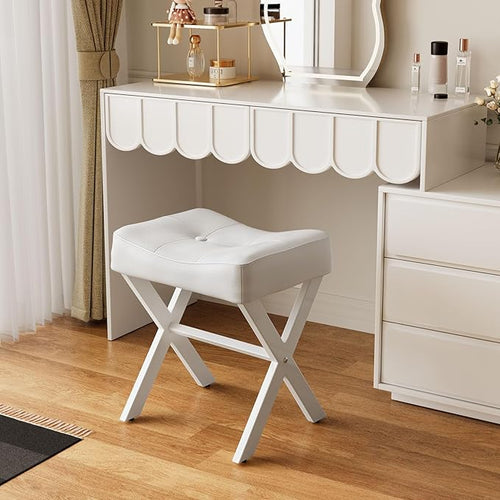 18-Inch Leather Vanity Stool Chair, Vanity Bench with Metal X-Leg, Ottoman Foot Stool with Thick Padded Saddle Seat, White