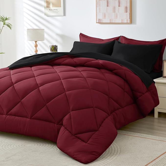 HEVUMYI Red & Black Queen Comforter Set - 7-Piece All Season Burgundy Bed in a Bag Queen, Ultra Soft Bedding Set with Comforter, Flat Sheet, Fitted Sheet, Pillowcases, Pillow Shams, Burgundy