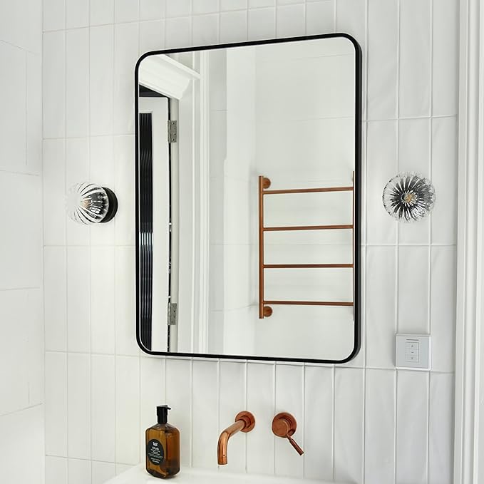 24x32 Inch Rectangle Bathroom Mirror with Black Metal Frame, Rounded Corner Rectangular Vanity Mirror for Wall, Modern Large for Bedroom, Living Room, Horizontal or Vertical