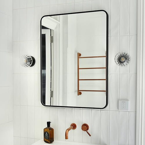 24x32 Inch Rectangle Bathroom Mirror with Black Metal Frame, Rounded Corner Rectangular Vanity Mirror for Wall, Modern Large for Bedroom, Living Room, Horizontal or Vertical